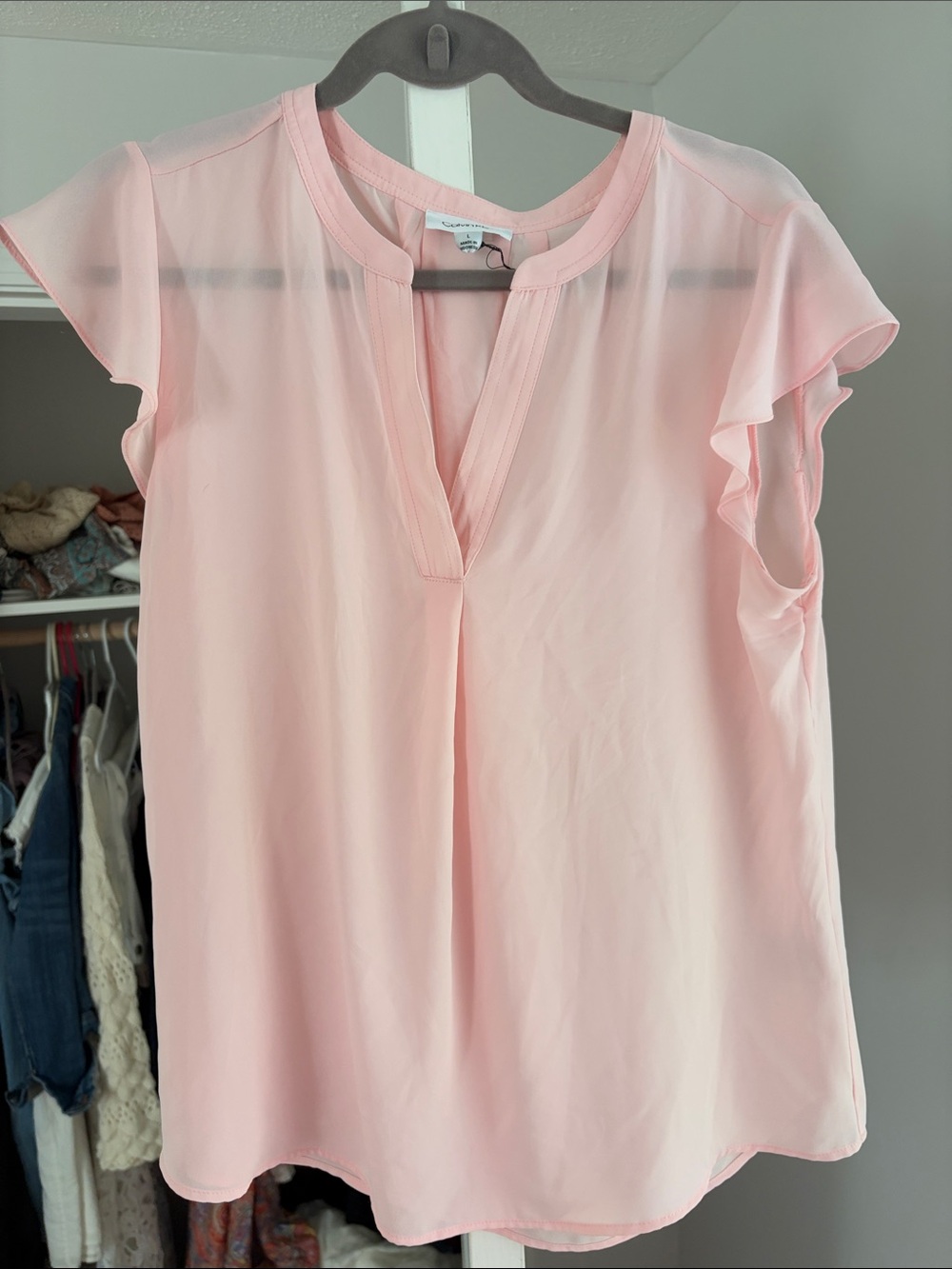 Calvin Klein Light Pink Flutter Sleeve V-Neck sheer Blouse